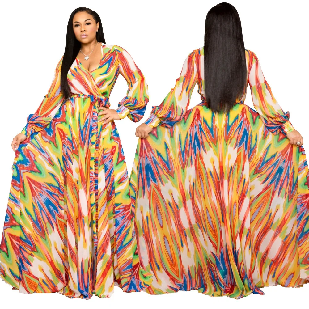 

European And American Women Sexy V-neck Long-Sleeve Chiffon Long Maxi Dress