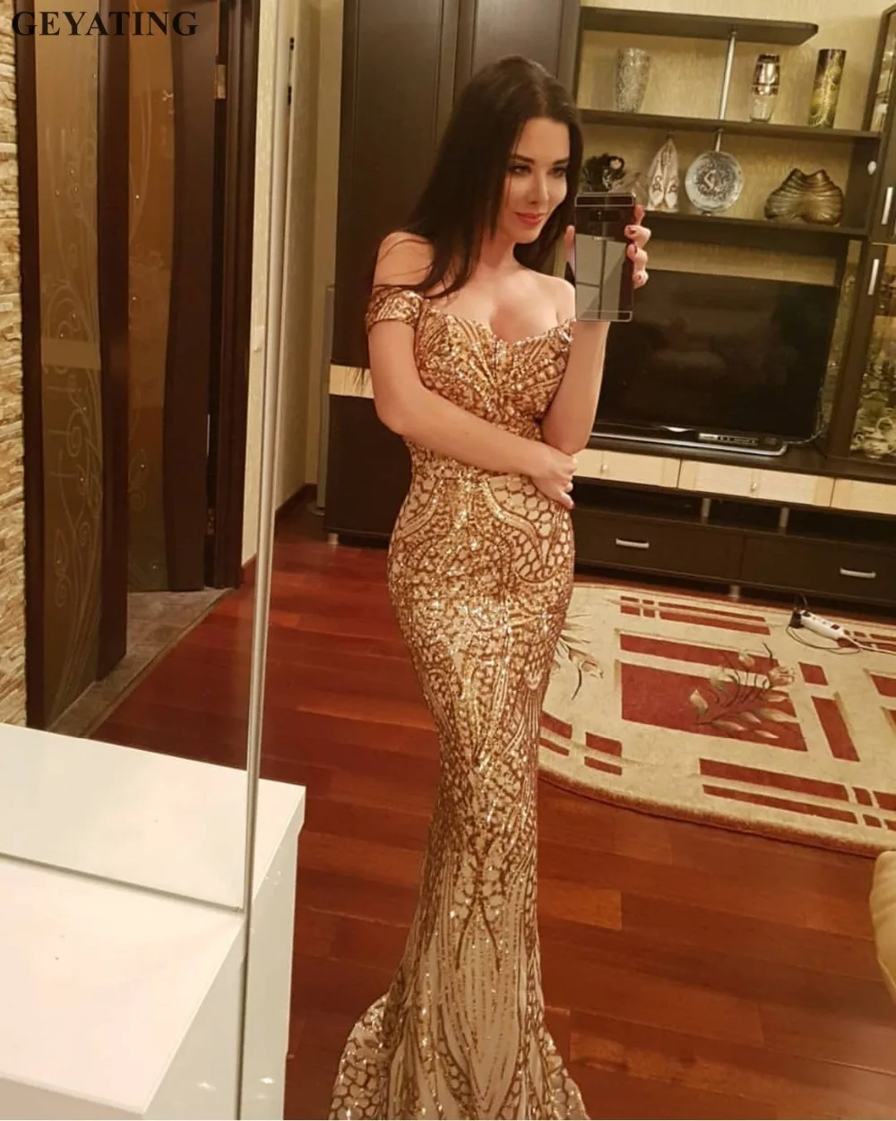 gold off the shoulder mermaid prom dress