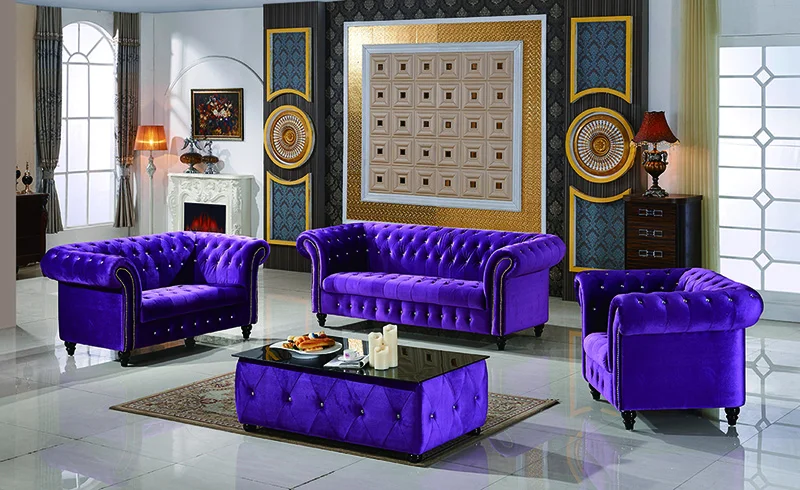 Современная мебель для гостиной черная фиолетовая ткань Честерфилд для дивана с журнальным столиком