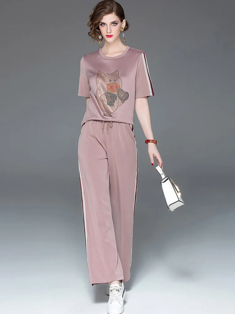 

High Quality Fashion Designer Women Piggy Printing Suit Commuter New T-shirt + PantsTwo-piece Female Elegant Sets Spring Trend