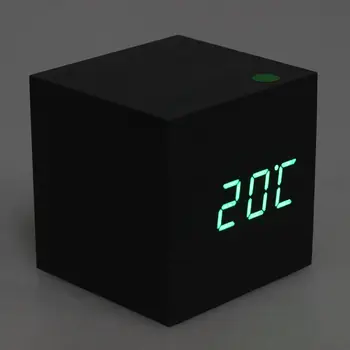 

Best Wood Cube LED Alarm Control Digital Desk Clock Wooden Style Room Temperature Black wood green led