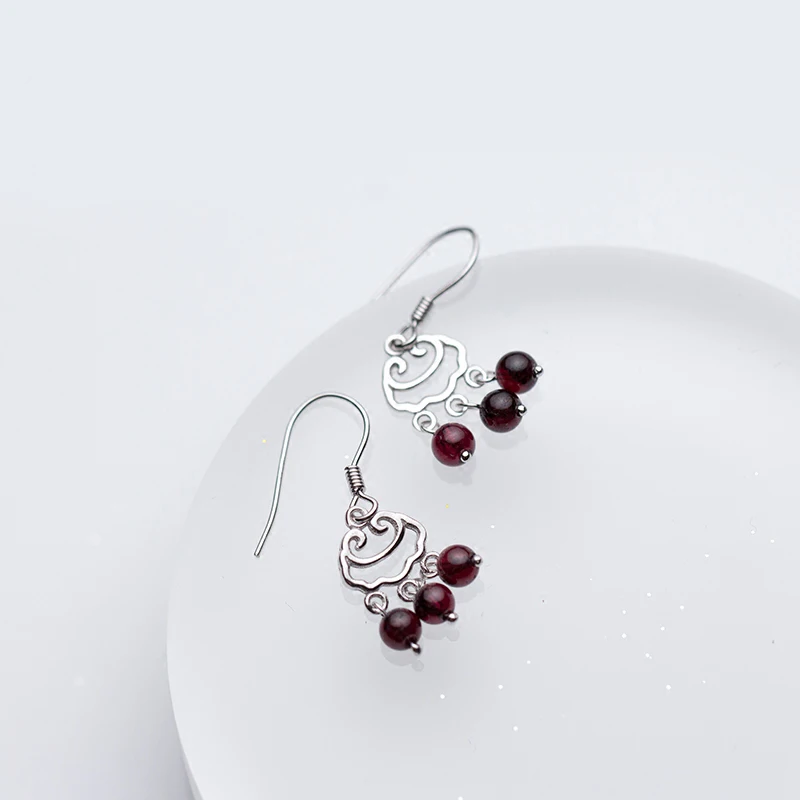 

MloveAcc Genuine 100% 925 Sterling Silver Ethnic Longevity Lock Garnet Beads Drop Earrings Women Sterling Silver Earrings