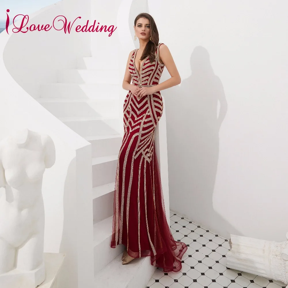 ILoveWedding роскошное вечернее платье с v-образным вырезом и блестками без рукавов, Элегантное Длинное платье для выпускного вечера