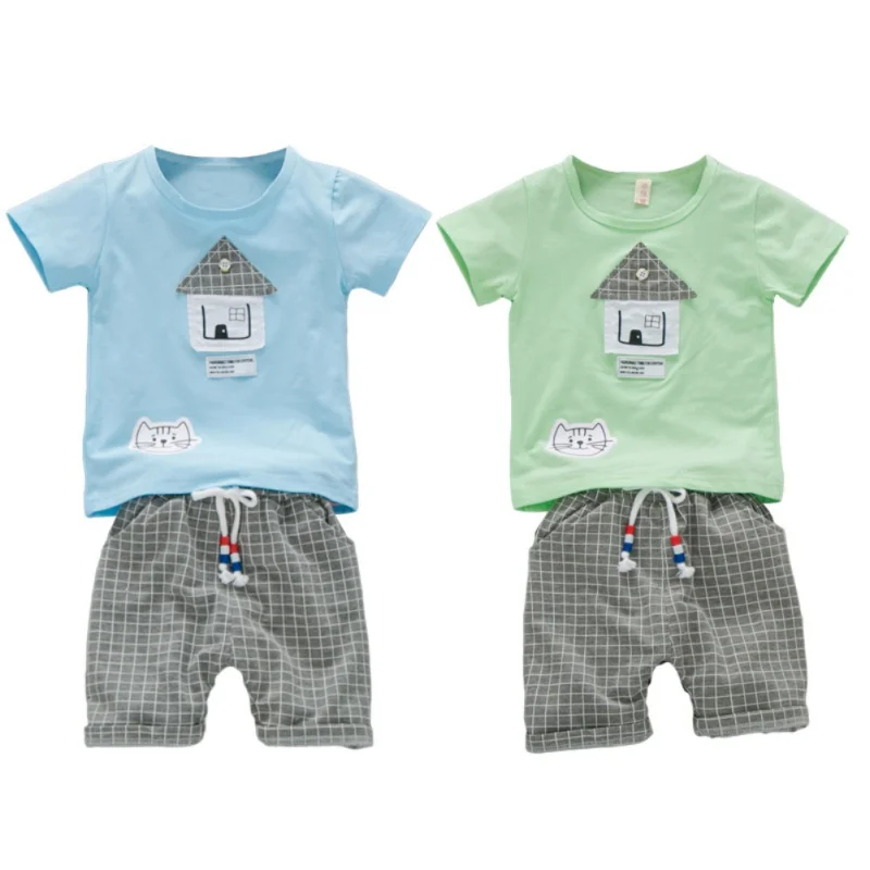 

2Pcs Children's Set Summer Boys Clothing Kids Lovely Cartoon Cat T-shirt Short Plaid Pants Boys Sets Summer