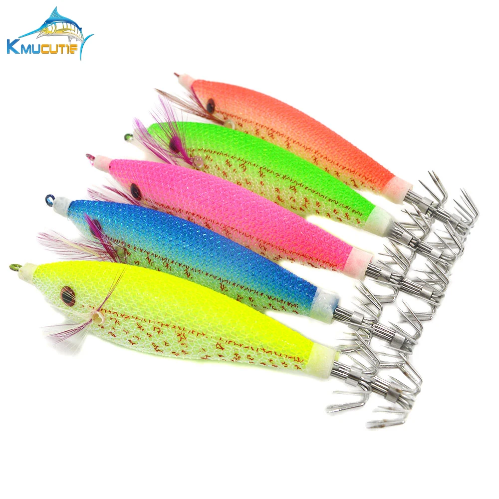 

5PCS 10cm 3D eyes wood shrimp 5 colors luminous squid hook artificial squid jigs octopus fishing lures