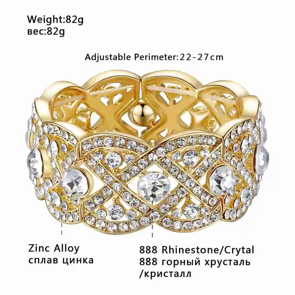 Minlover Gold Color Crystal Big Bangles for Women Luxury Flower Rhinestone Bridal Bracelet Wedding Jewelry Accessories SL053