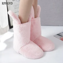 Новинка зимы, с симпатичными кроличьими ушами ботинки в винтажном стиле с Для женщин тапочки с вышитым узором в виде оленей Нескользящие хлопковые сапоги; домашняя женская обувь из хлопка