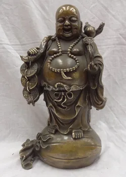 

12" Chinese Bronze Buddhism Coin Happy Laugh Maitreya Buddha On Money Bag Statue