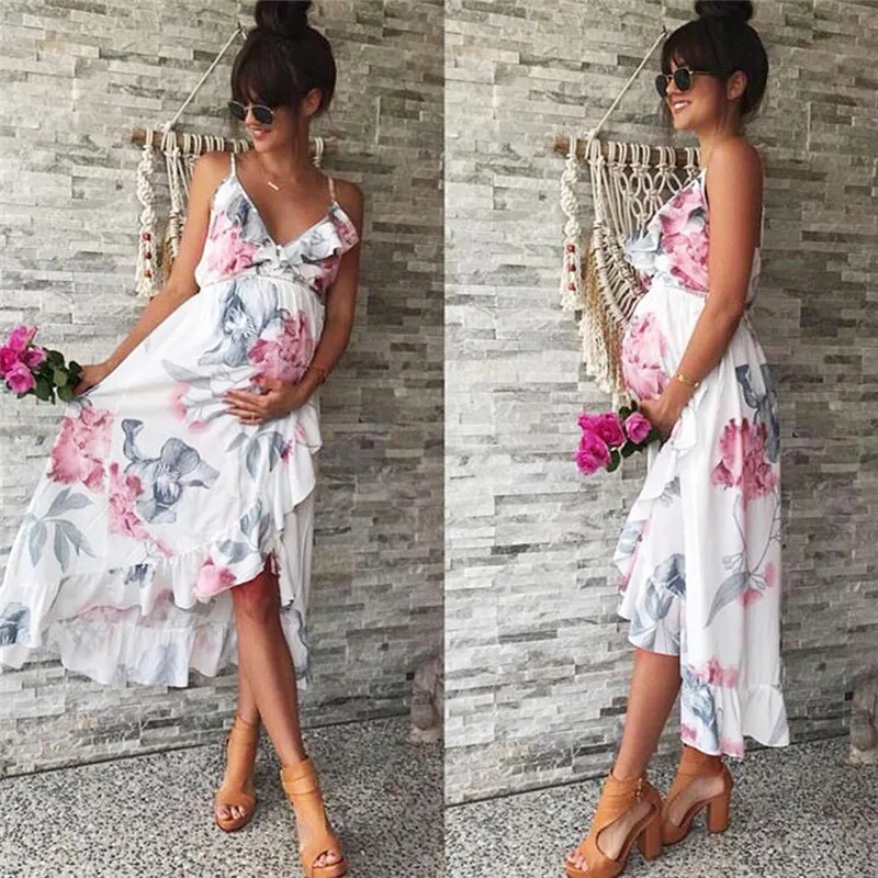 Летнее женское элегантное платье для мамы, повседневное Цветочное платье Falbala для беременных, белое платье для беременных, Одежда для беременных, платье для фотосъемки