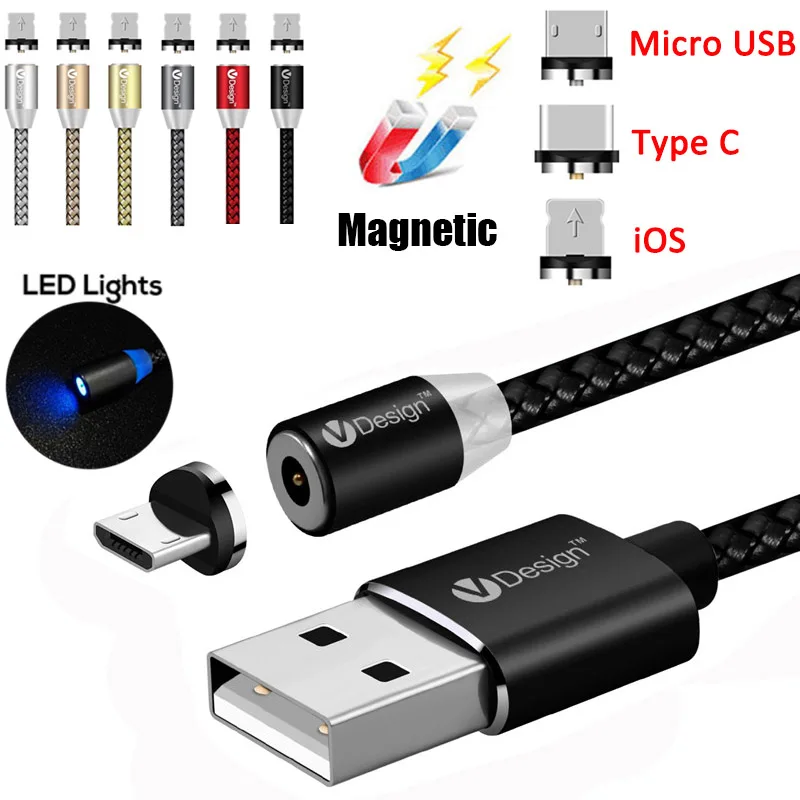 

1m 2m LED Round Magnetic Micro USB/Type C/IOS Fast Charger Cable For iPhone 8 7 Plus For Samsung Galaxy S8 S9+ For Mobile Phones