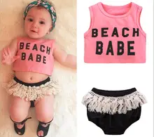 European and American fashion sleeveless letter print cotton vest+tassel shorts short pants summer suit set for baby girls European and American fashion sleeveless letter print cotton vest+tassel shorts short pants summer suit set for baby girls
