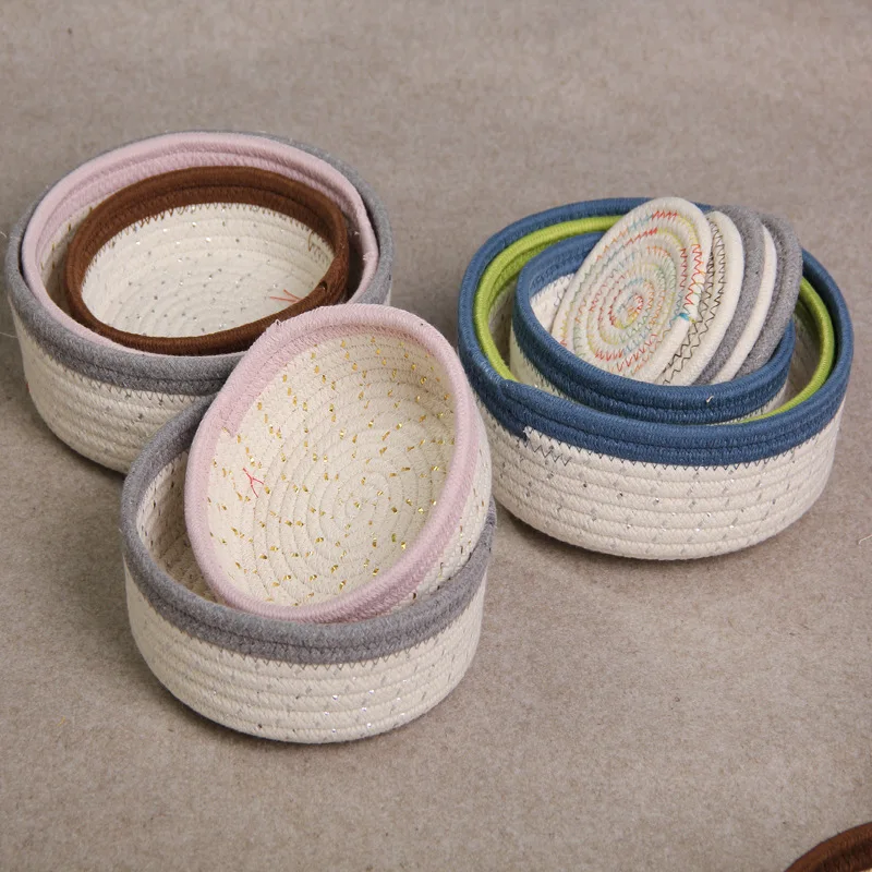 

3 Sets Modern Minimalist Round Cotton Rope Woven Striped Storage Basket Desktop Miscellaneous Snacks Cotton Finished Storage