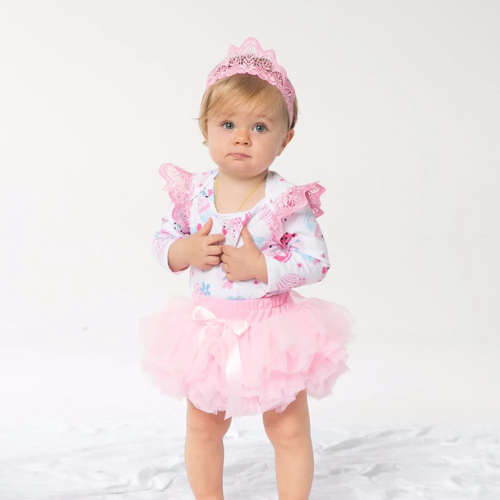 YK& Loving/праздничная одежда для дня рождения новая одежда для маленьких девочек розовый Детский комбинезон с длинными рукавами и рисунком, юбка-пачка повязка на голову, комплект из 3 предметов, подарок