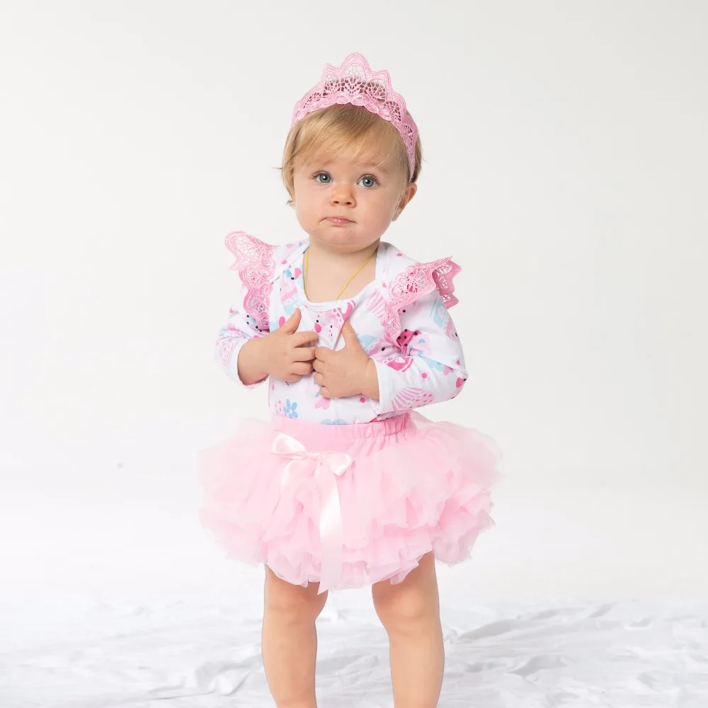 

First Birthday Party baby clothes New Baby Girl Clothing Pink Cartoon Long Sleeve Baby Rompers Tutu skirt headband 3Pcs Set Bebe