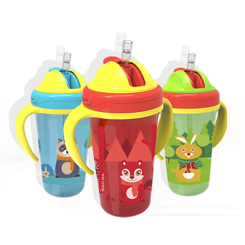 

300ml Shock-resistant Baby Sippy Cup Kids Drinking Bottles Infant Children Learn Drinking Dual Handles Straw Juice Slid Feeding