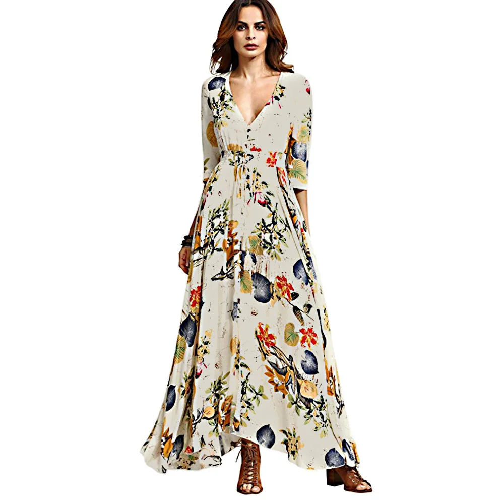

Summer Floral Printed Bohemian Maxi Dresses for Women Casual V Neck Beach Dresses Three Quarter Boho Vestidos Plus Size
