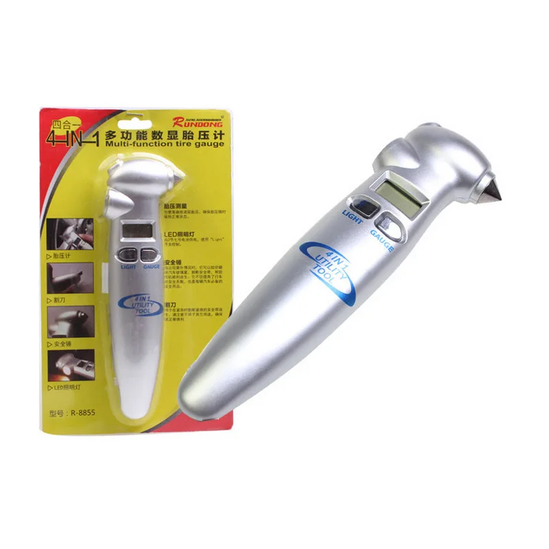 

4 in 1 car lifesaving hammer emergency digital light tire pressure gauge multi-function safety hammer flashlight utility knife