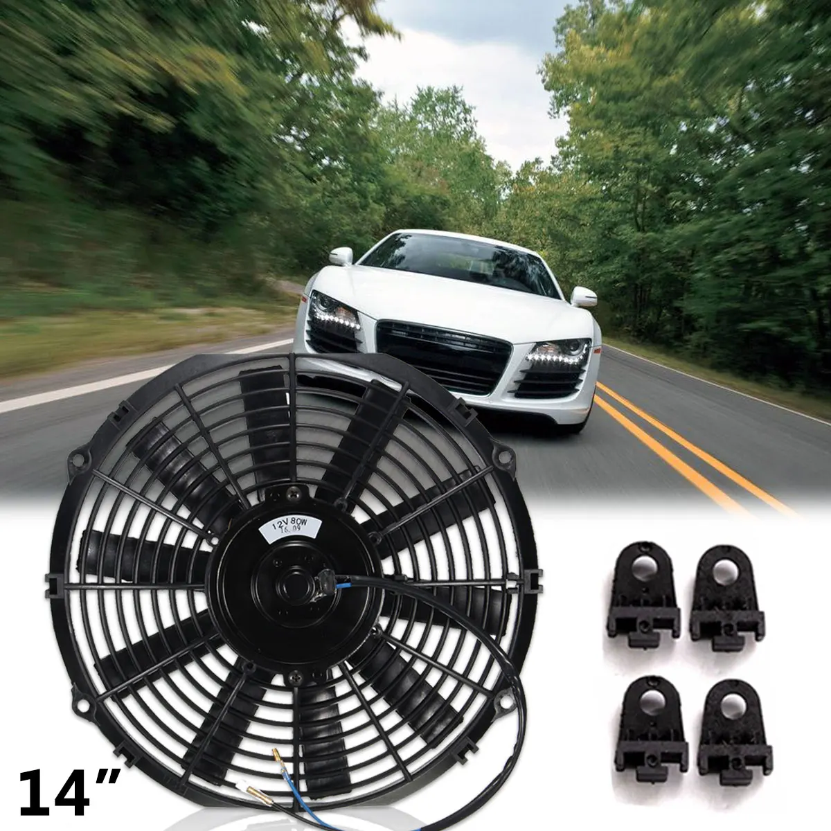 

12V 80W 2100RPM 14" Straight Black Blade Electric Cooling Radiator Fan Mounting Kit Universal