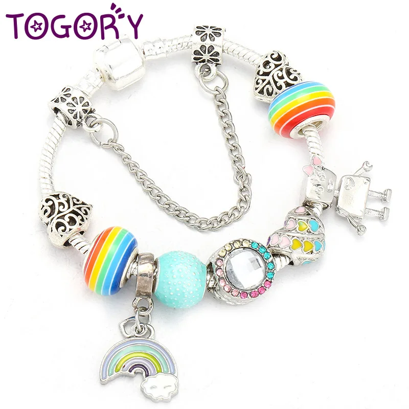 

TOGORY Rainbow of love Pendant Charm Bracelets For Women Kids Robot Beads Fit Original Brand Bracelets Bangles DIY Jewelry