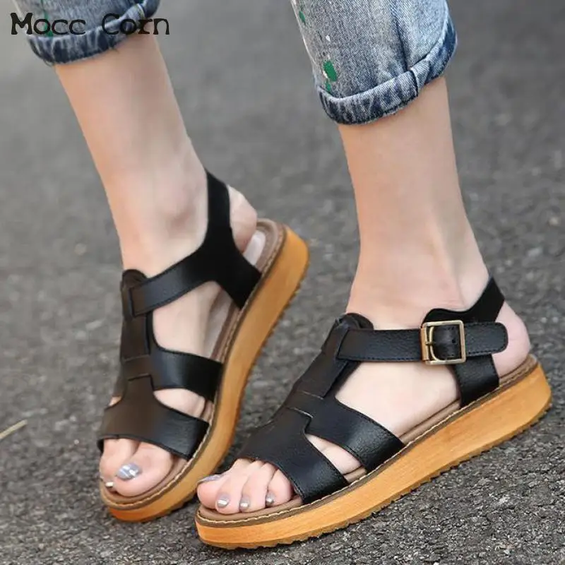 

2019 Summer Women Shoes Wedge Woman Platform Sandals Open Toe Genuine Leather Sandals Casual Lady Beach Shoes Plus Size 41 42 43