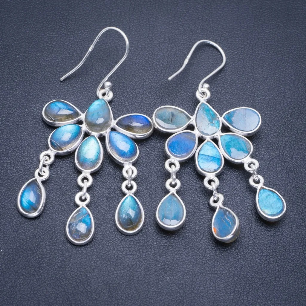 

Natural Blue Fire Labradorite Handmade Unique 925 Sterling Silver Earrings 2.25" A2038