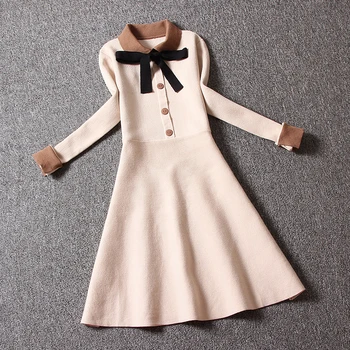 

2019 summer new super quality knitted women dresses bow collar solid slim lady elegant dresses