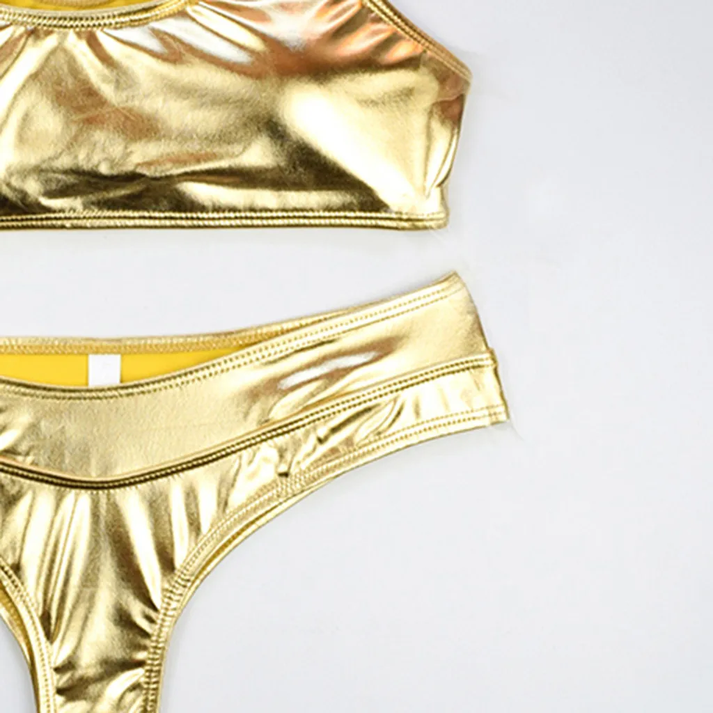 Золотой металлический светоотражающий Одноцветный бикини, набор для женщин, низкая талия, бандаж, купальник, купальник, купальный костюм, пляжный бикини