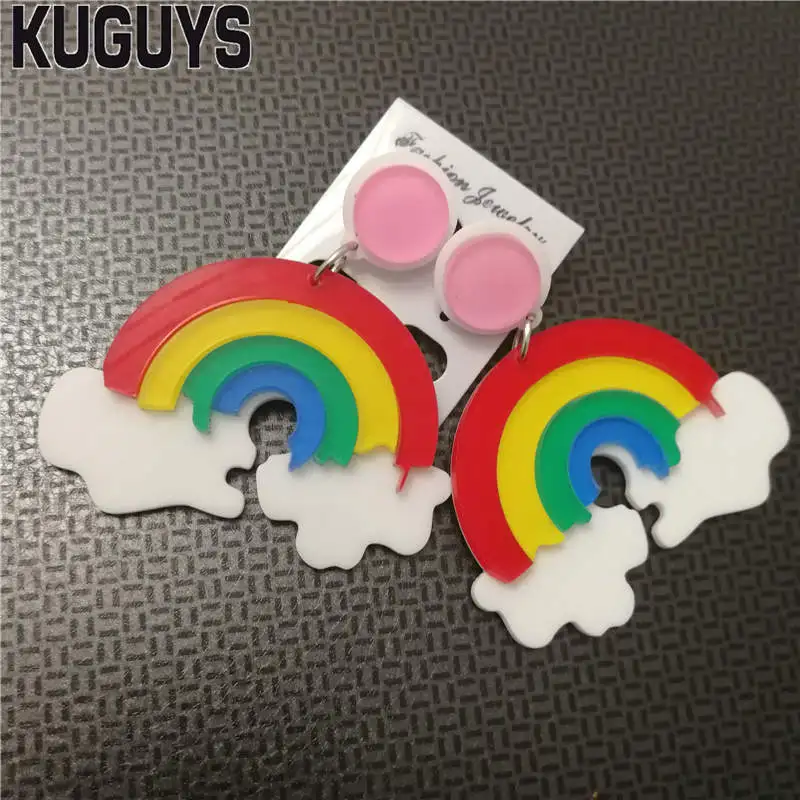 

KUGUYS Acrylic Jewelry Custom Womens Cute Rainbow Large Dangle Earrings for Women Pendientes Trendy Clouds Drop Earring Brincos