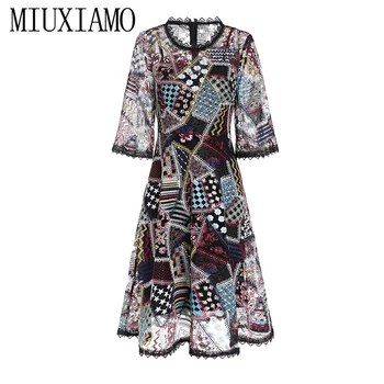 

MIUXIMAO High Quality 2019 Summer&spring Embroidery Dress Ribbon Stereo flower Print Eleghant Lace Casual Dress Women vestido