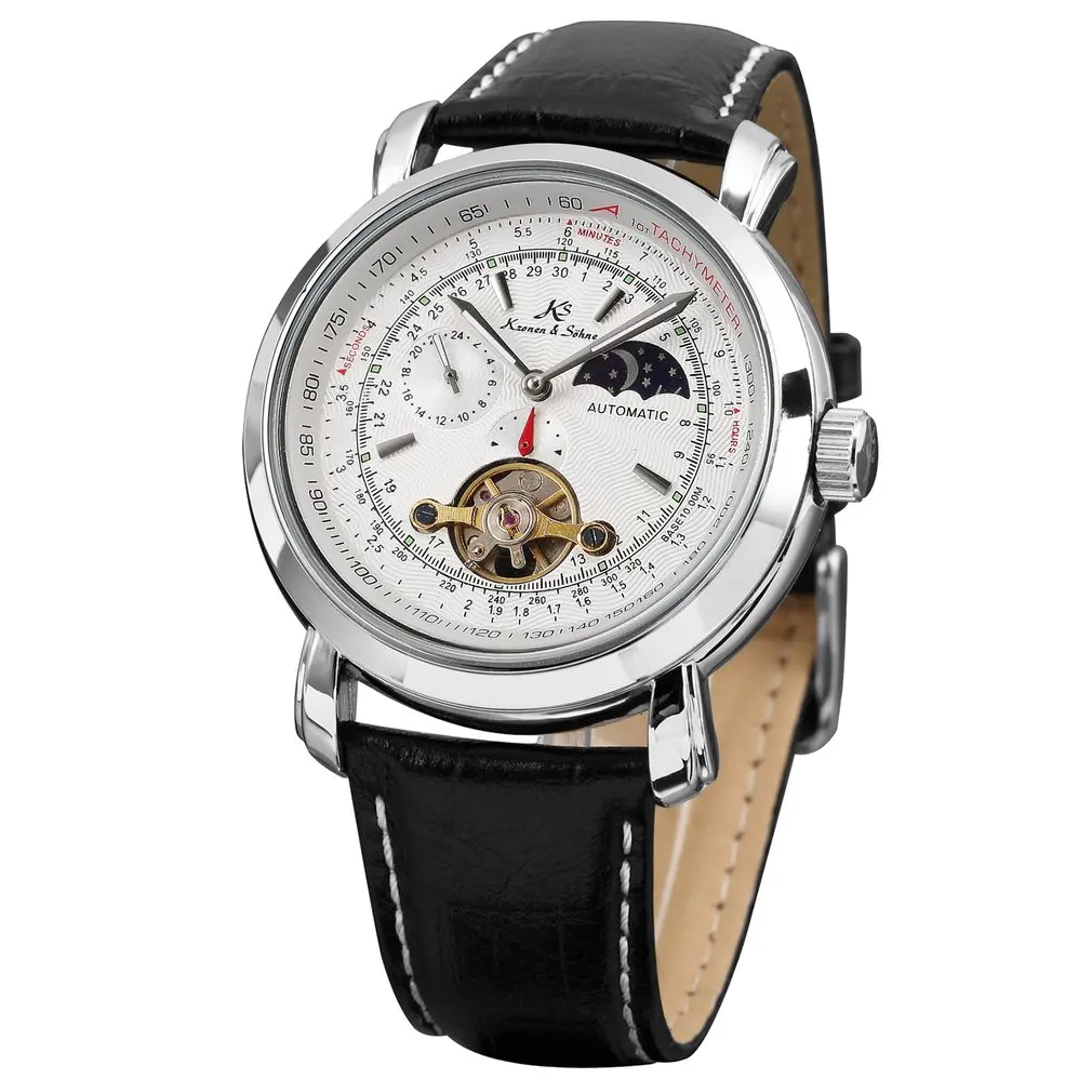 كانساس الأبيض الشمس والقمر التلقائي الذاتي الرياح جلد طبيعي أسود حزام Relogio رجل الأعمال الميكانيكية ووتش هدية/KS069