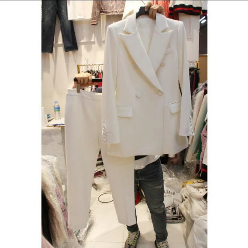 

New 2019 Two Pieces Set Women Pant Suit Size S-4XL White Jacket Blazer With Pant Office Lady Work Wear Suits