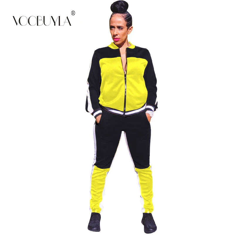 Voobuyla 2019 Spring Women Two-piece Zipper Running Set Jogging SuitsTracksuit Sport Suits Patchwork Sweat Pants | Спорт и