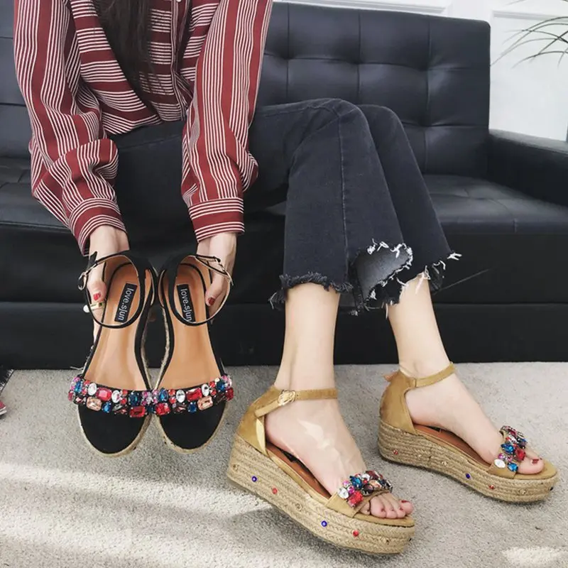 

summer new style sandals waterproof platform thick sandals straw shoes wedges high heels muffin bottom beaded rhinestone sandals