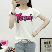 Корейский Мода новые с круглым вырезом, хлопковая футболка с короткими рукавами с блестками Повседневное сезон: весна–лето Для женщин женские футболки повседневные футболки