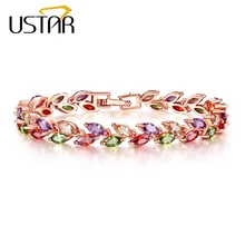 USTAR цвет, очаровательный браслет с цирконием и листьями для женщин, розовое золото, цепочка, кристаллы, женский браслет и браслет, свадебные ювелирные изделия