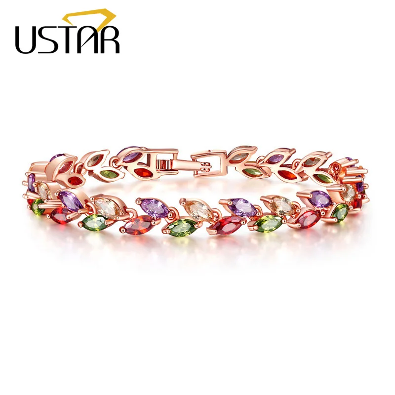 

USTAR Colorful Zircon Leaf Charm Bracelet for women Rose Gold color Chain link Crystals femme Bracelet & Bangle Wedding Jewelry