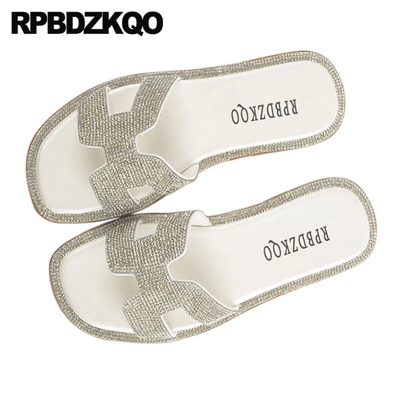 

slip on silver bridal elegant diamond rhinestone bling women sandals flat summer 2019 crystal slides shoes white slippers runway