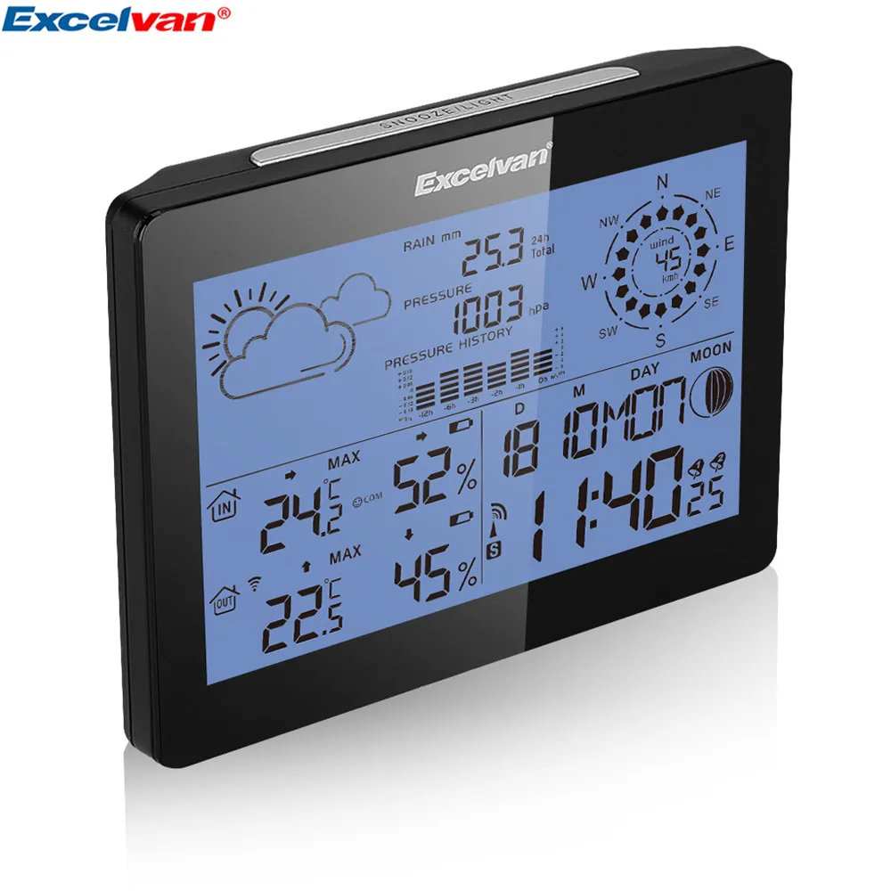 EXCELVAN Wireless Weather Station With Forecast Temperature Wind Speed & Rain Humidity Barometer Moon Phase Alarm Clock06