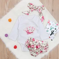 4-24 м 2018 Новый Повседневное детская одежда для новорожденных девочек топы с длинным рукавом комбинезон шорты с цветочным принтом повязка на