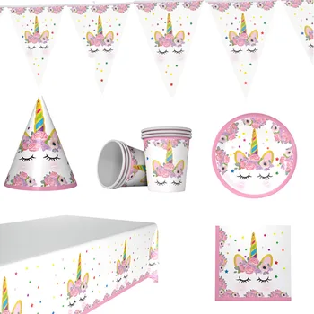 

42Pcs Unicorn Party Pink birthday party decoration kids girl Unicornio Party Supplie plate flag table cloth favors for 10 people