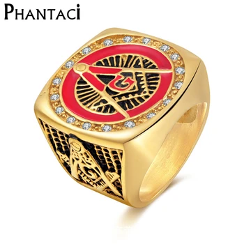 

Phantaci Vintage Red Enamel Crystal 316L Stainless Steel Men Ring Gold Color Free Mason Freemasonry Masonic Male Retro Punk Big