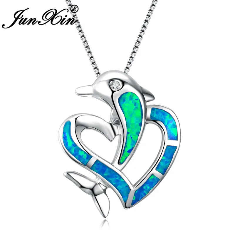 

JUNXIN 925 Sterling Silver Filled Best Valentine's Day Gift Blue Fire Opal Dolphin & Heart Crossed Pendant Necklaces For Women