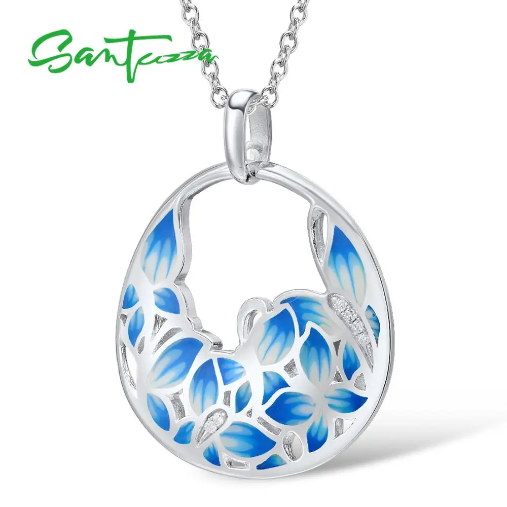 

Santuzza Silver Pendant for Women Colorful Enamel Butterfly Pendant 925 Sterling silver White CZ Pendant Party Fashion Jewelry