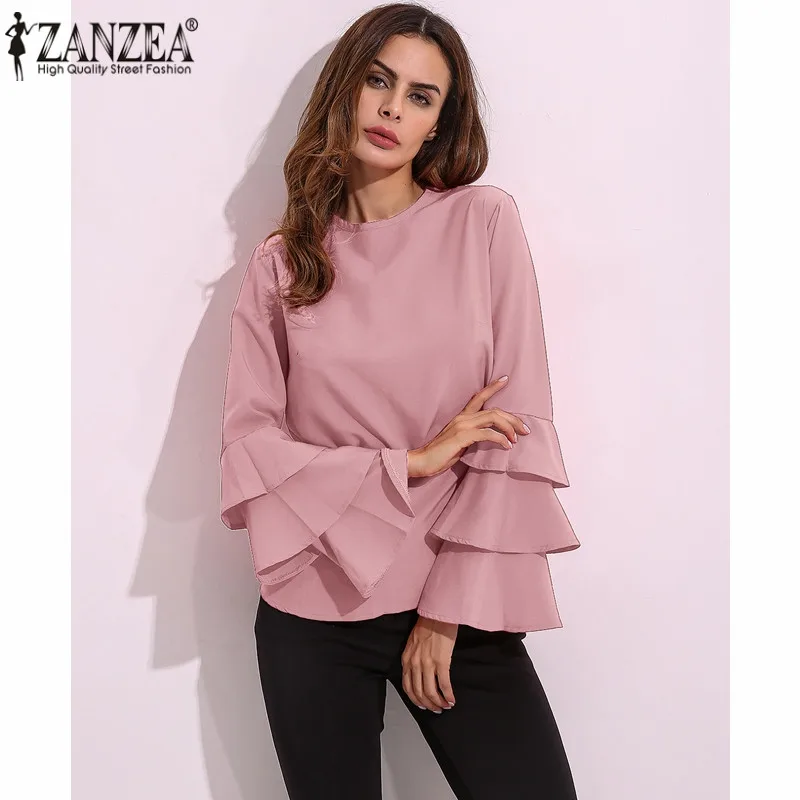 Acheter ZANZEA 2018 Automne Femmes Élégant Blouses Chemise Dames O Cou volant À Manches Longues Blusas Tops T Casual Lâche Pull Plus taille