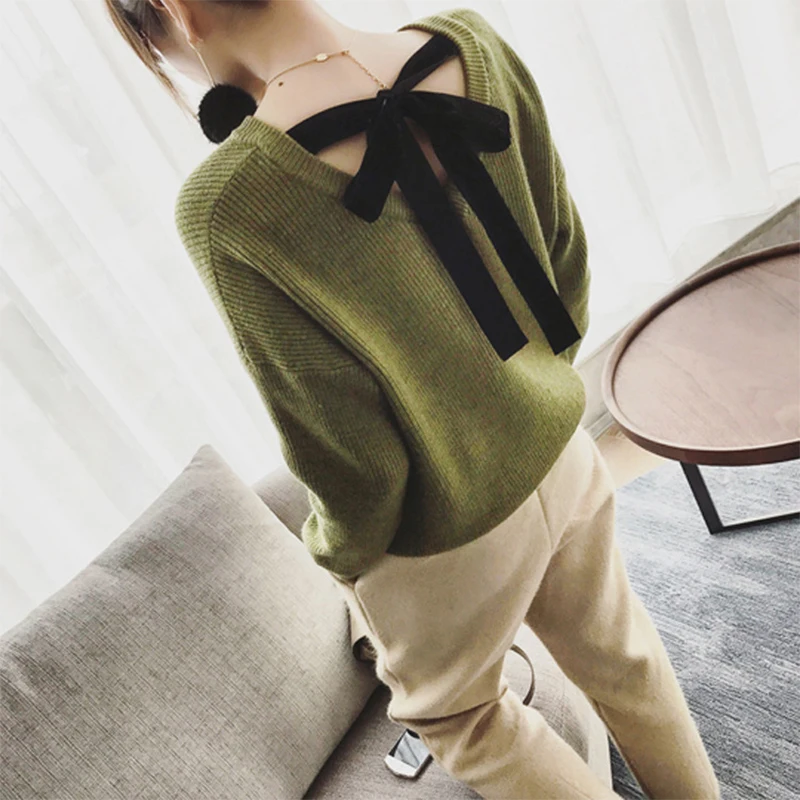 Корейская версия женские свитера на шнуровке с бантом осень-зима трикотажные пуловеры с v-образным вырезом и длинными рукавами свитер aa1032 - Цвет: Зеленый