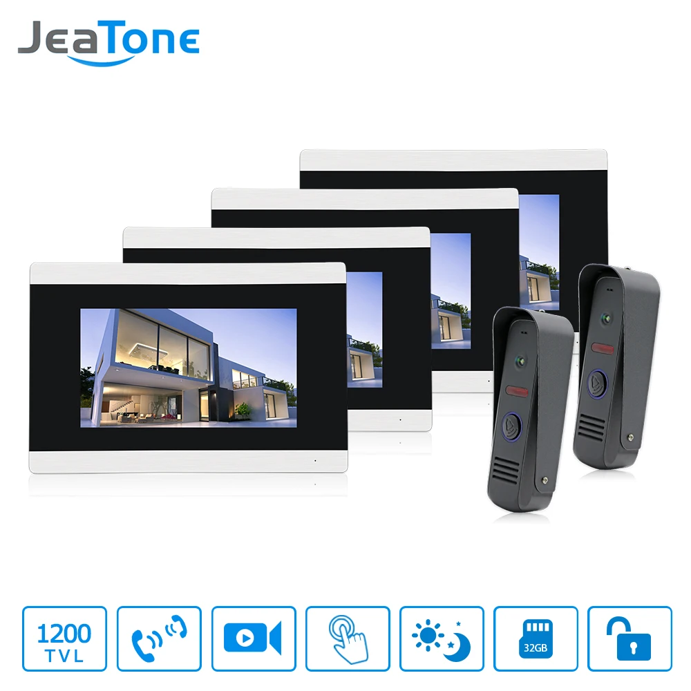 Jeatone 7 Color Video Door Phone Intercom 4 Monitor Doorbell IR Night Vision Camera 1200TVL For