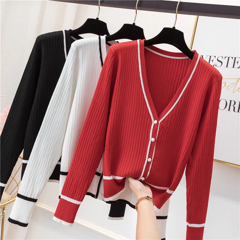 Spring Autumn Women Clothes Tops Female Sweaters Button Cardigan Black White Red Fashion Short Design |