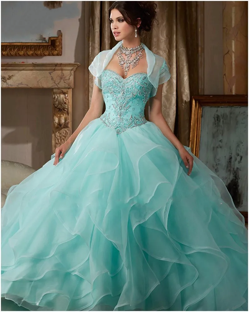 Sweetheart Lace Up Tulle Shawl Beaded Crystal Coral Turquoise Ball Gown Quinceanera Dresses Girl 2017 Vestidos De 15