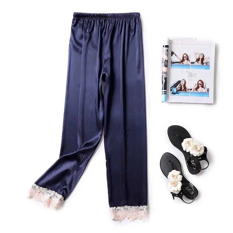 Сексуальные кружевные атласные шелковые домашние брюки женские белые брюки для сна однотонные модные пижамы брюки для дома женские домашние брюки - Цвет: navy blue