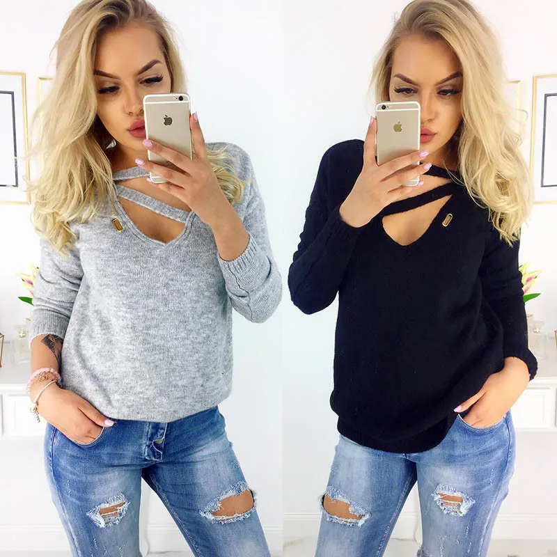 Black T Shirt Women Cut Out Sexy V-neck Casual Tee Shirt Femme Autumn 2018 Womens Clothing Long Sleeve Knitted Tops Plus Size